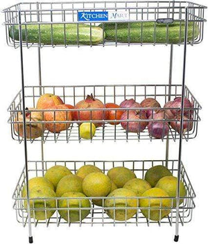 Kitchen Mart Fruit & Vegetable Trolley with / without Wheels, Rectangle, 3-Tier, Stainless Steel (Multipurpose Kitchen Storage Rack / Shelf) - KITCHEN MART