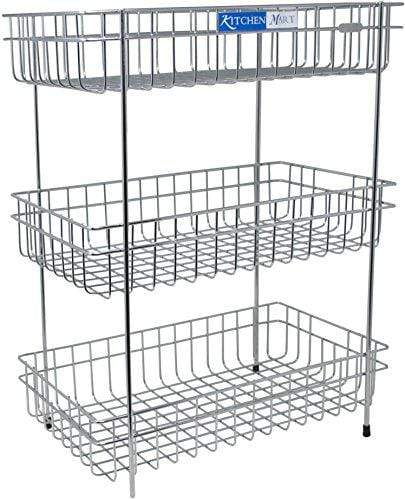 Kitchen Mart Fruit & Vegetable Trolley with / without Wheels, Rectangle, 3-Tier, Stainless Steel (Multipurpose Kitchen Storage Rack / Shelf) - KITCHEN MART