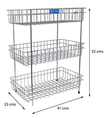 Kitchen Mart Fruit & Vegetable Trolley with / without Wheels, Rectangle, 3-Tier, Stainless Steel (Multipurpose Kitchen Storage Rack / Shelf) - KITCHEN MART
