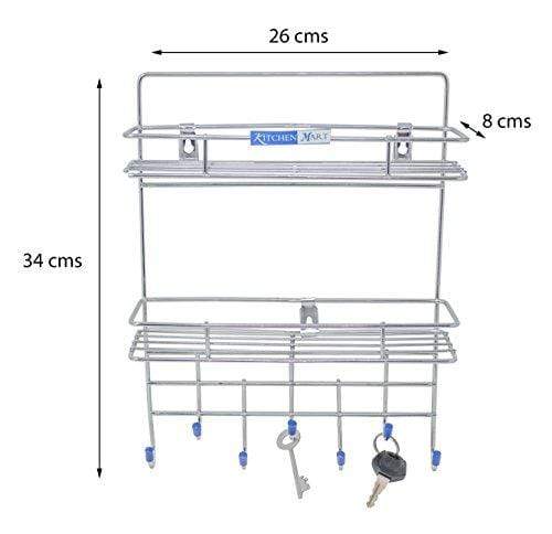 Kitchen Mart Key holder / Laddle Holder with 2-Tier Rack, Wall Mount, 7-Pins Stainless Steel (Pack of 1) - KITCHEN MART