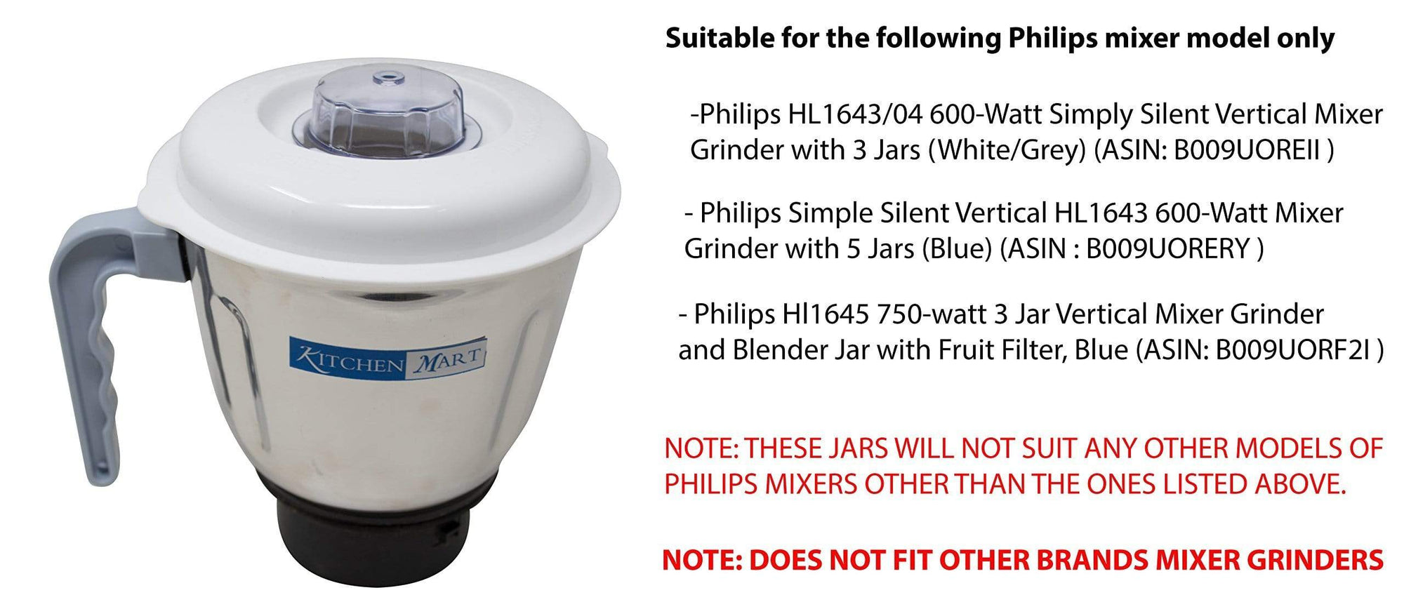 Kitchen Mart Medium Jar Suitable for Philips Mixer Grinder Models: HL1645, HL1643 - KITCHEN MART