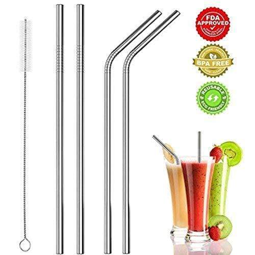 EVEN Reusable BPA-Free Metal, Thick, Long, Dishwasher Safe Stainless Steel  Drinking Straws, 8.5 Inches (2 Bend and 2 Straight and 1 Cleaning Brushes)  (1 Set) 