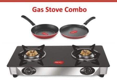 Pigeon 2020 Combo Offers - Pigeon Ayush Glasstop 2 Burners + Duo Pack of Tawa 250 mm &amp; FryPan 240mm - KITCHEN MART