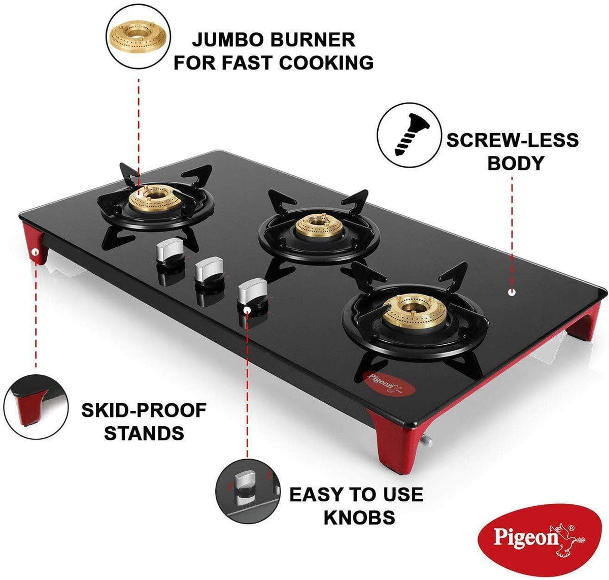 Pigeon by Stovekraft Infinity - 3 Burner Glass Top LPG Stove - KITCHEN MART