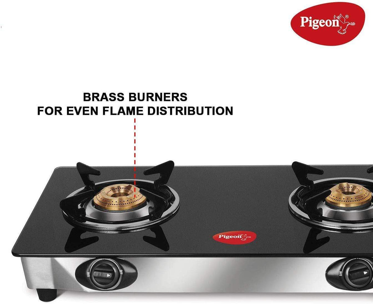 Pigeon By Stovekraft Favourite 2-Burner Glass Top Gas Stove, Black - KITCHEN MART