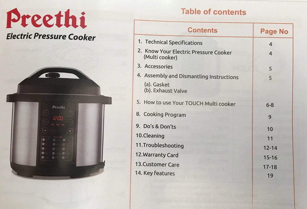 Preethi Touch Electric Pressure Cooker 6litres-1000watts (Model: EPC005) - KITCHEN MART