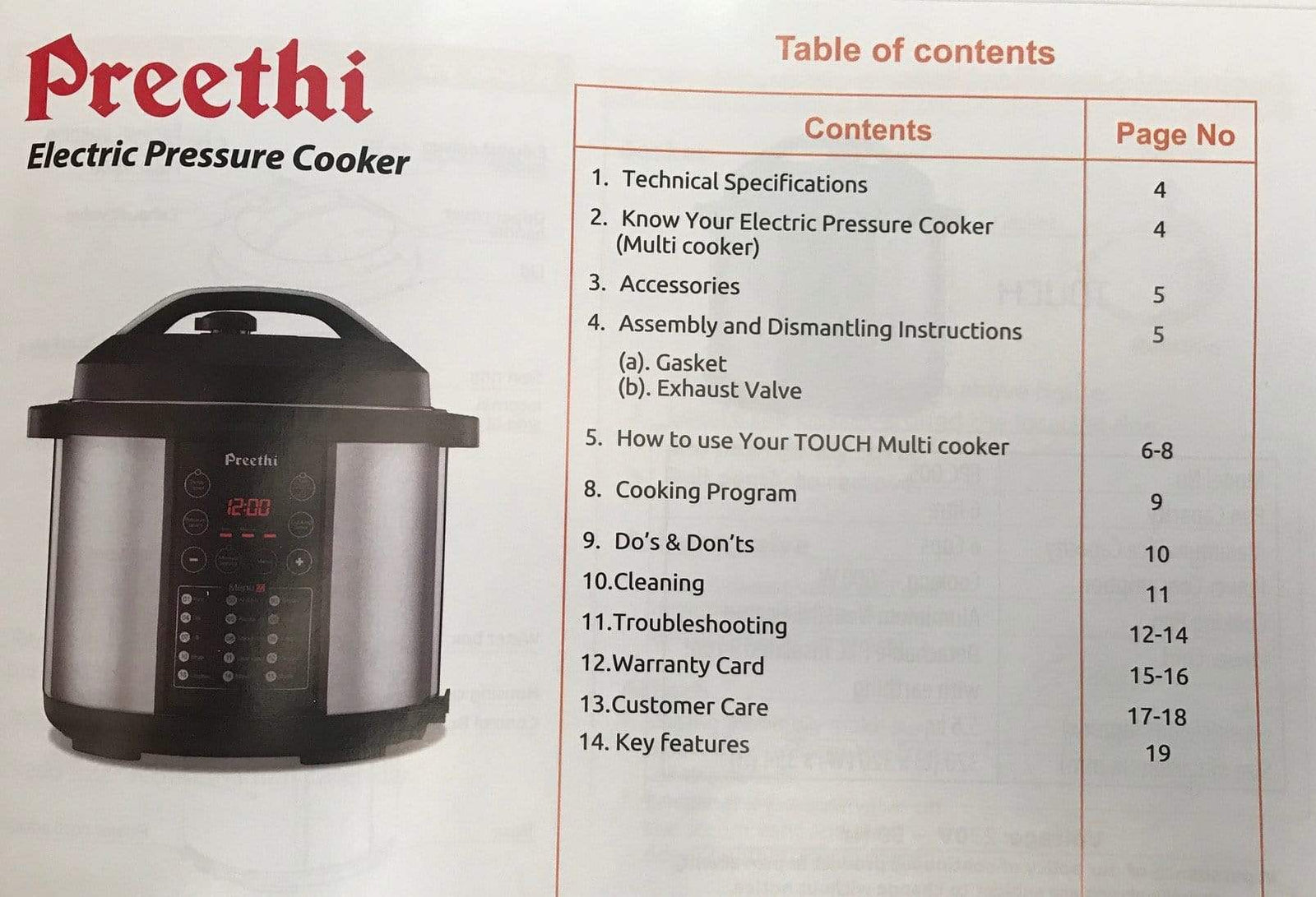 Preethi Touch Electric Pressure Cooker 6litres 1000watts Model