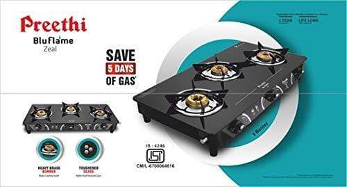 Preethi Zeal Glass 3 Burner Gas Stove (ISI Approved) - KITCHEN MART