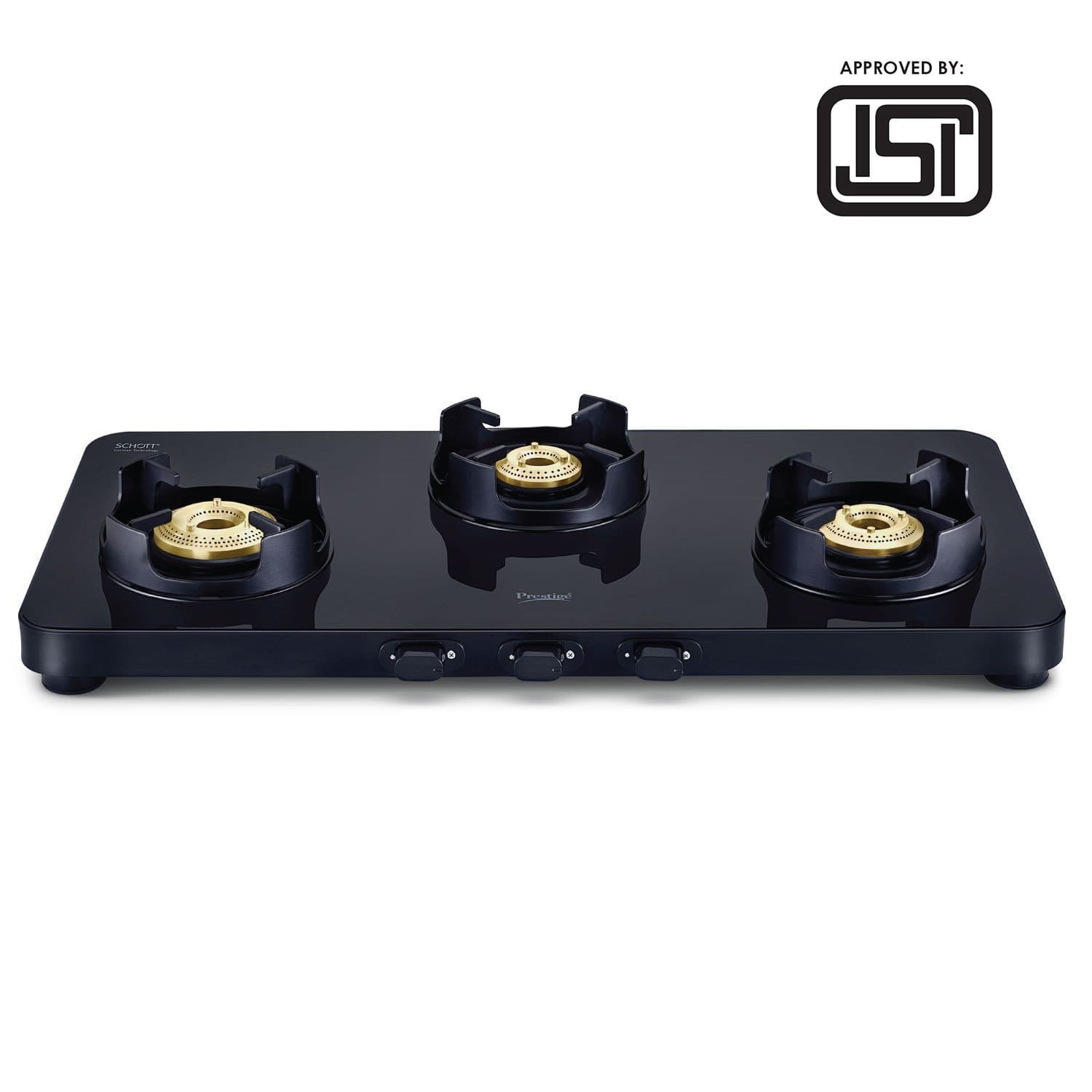 Prestige Edge 3 Burner Glass Gas Stove PEBS 03, Black (ISI Approved) with SCHOTT Glass - KITCHEN MART