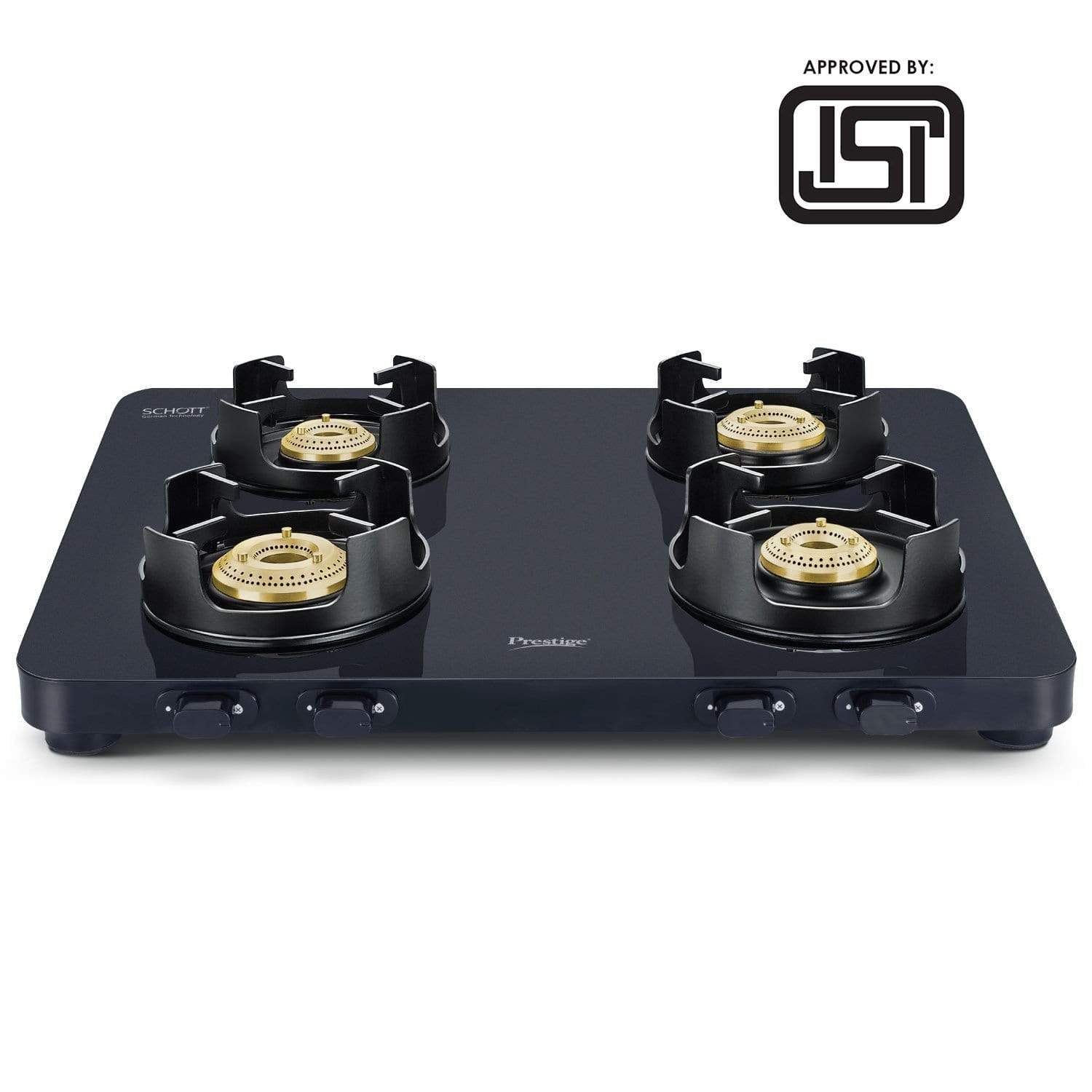 Prestige Edge 4 Burner Glass Gas Stove PEBS 04, Black(ISI Approved) with SCHOTT GLASS - KITCHEN MART