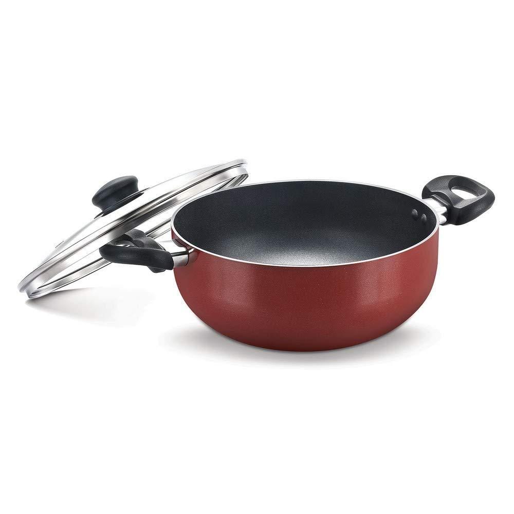 Prestige Omega Deluxe Induction Base Non-Stick Deep Kadai with Glass Lid - KITCHEN MART
