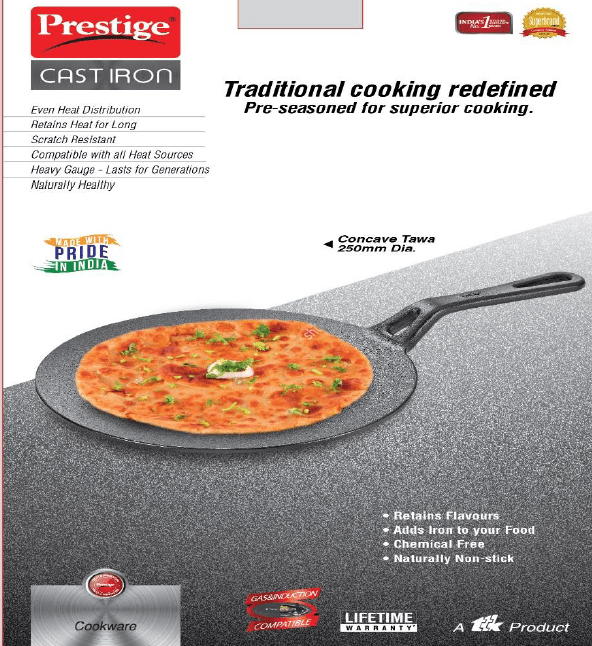 Prestige Pre-Seasoned Cast Iron Concave Tawa, 25cm