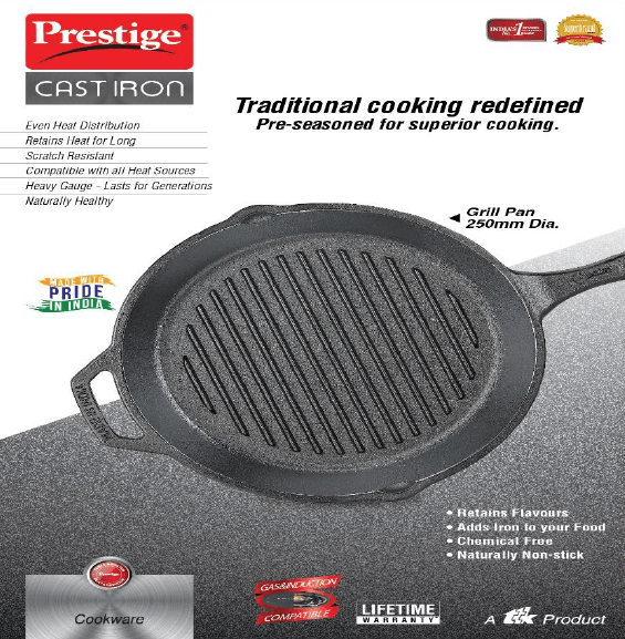 Prestige Pre-Seasoned Cast Iron Grill Pan, 25cm