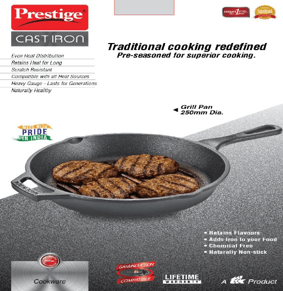 Prestige Pre-Seasoned Cast Iron Grill Pan, 25cm