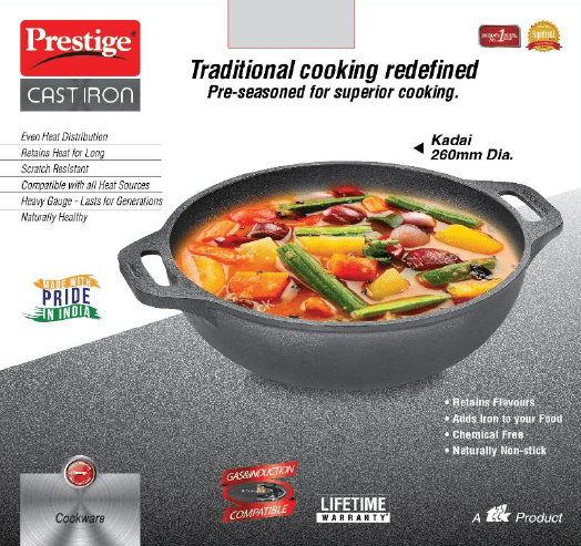 Prestige Pre-Seasoned Cast Iron Kadai, 26cm