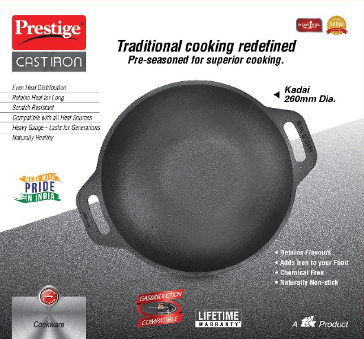 Prestige Pre-Seasoned Cast Iron Kadai, 26cm