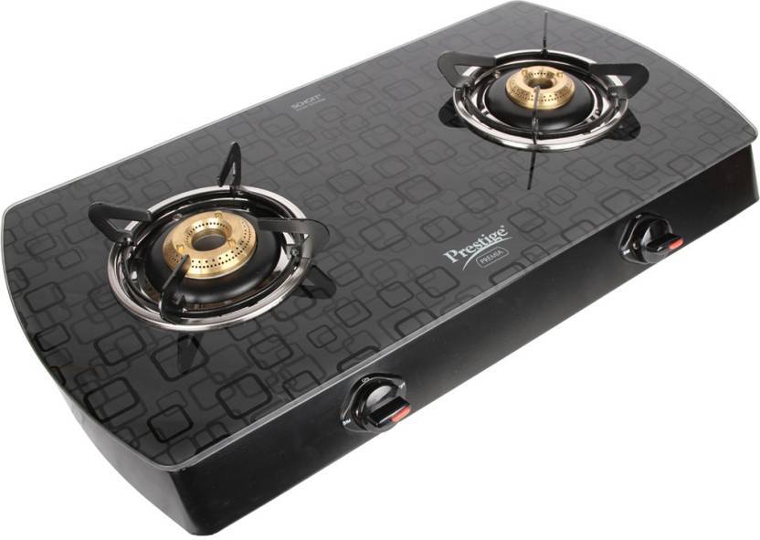 Prestige Premia Schott Designer Series GlassTop, 2 Burner Gas Stove, Black (GTS 02D) - KITCHEN MART