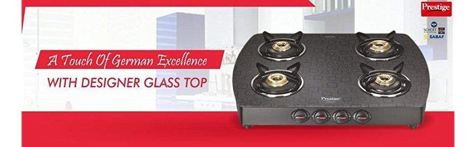 Prestige Premia Schott Designer Series GlassTop, 4 Burner Gas Stove, Black (GTS 04D) - KITCHEN MART