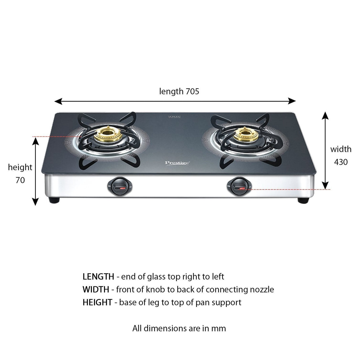 Prestige Royale Plus Schott Glass 2 Burner Gas Stove, SS (GTS 02SS) - KITCHEN MART