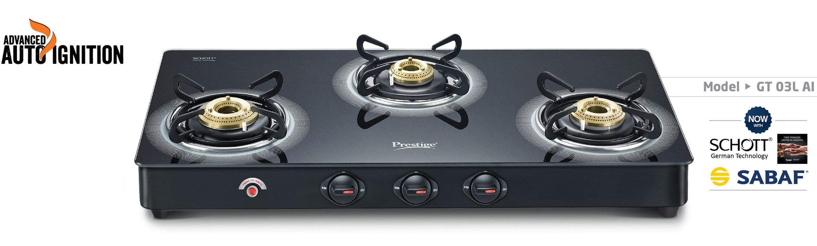 Prestige Royale Plus Schott Glass 3 Burner Gas Stove Auto Ignition