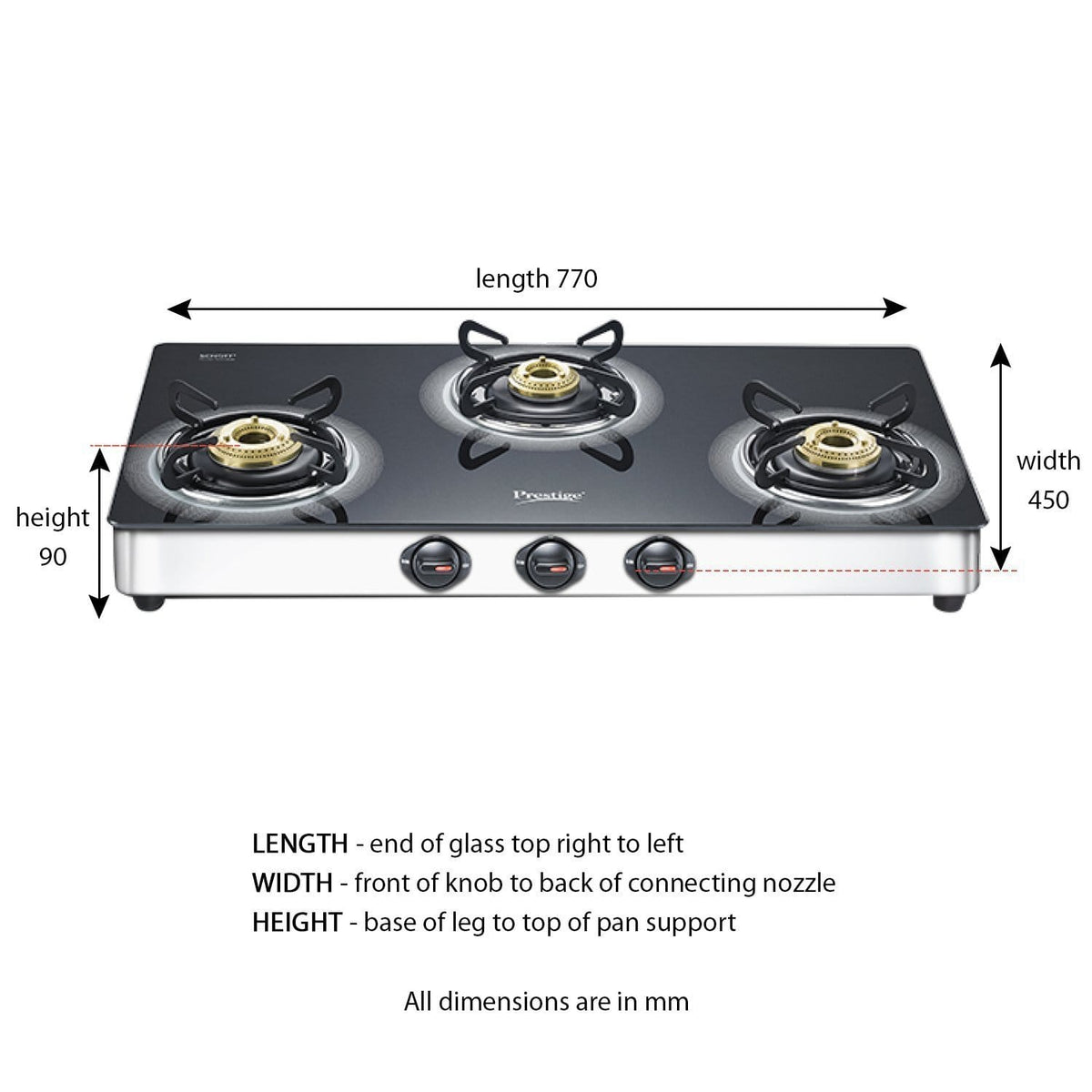 Prestige Royale Plus Schott Glass 3 Burner Gas Stove, SS (GTS 03SS) - KITCHEN MART