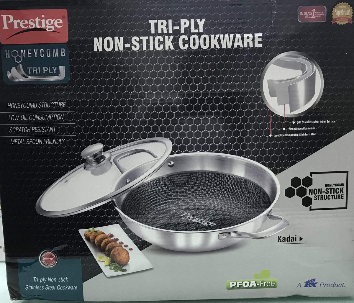 Prestige Tri-Ply Honey Comb Stainless Steel Kadai with Lid - KITCHEN MART