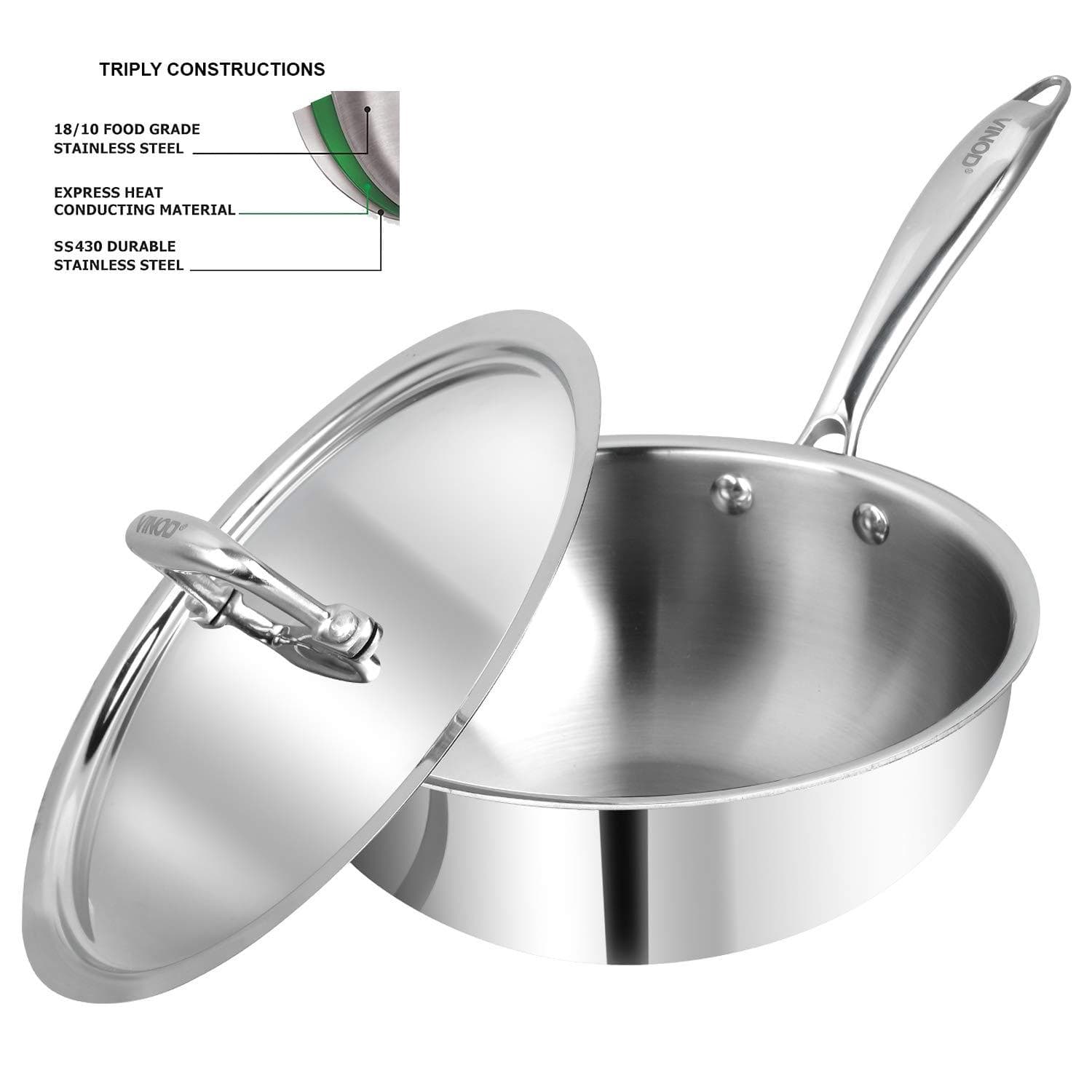 Vinod Platinum Triply Stainless Steel Deep Frypan with Lid - KITCHEN MART