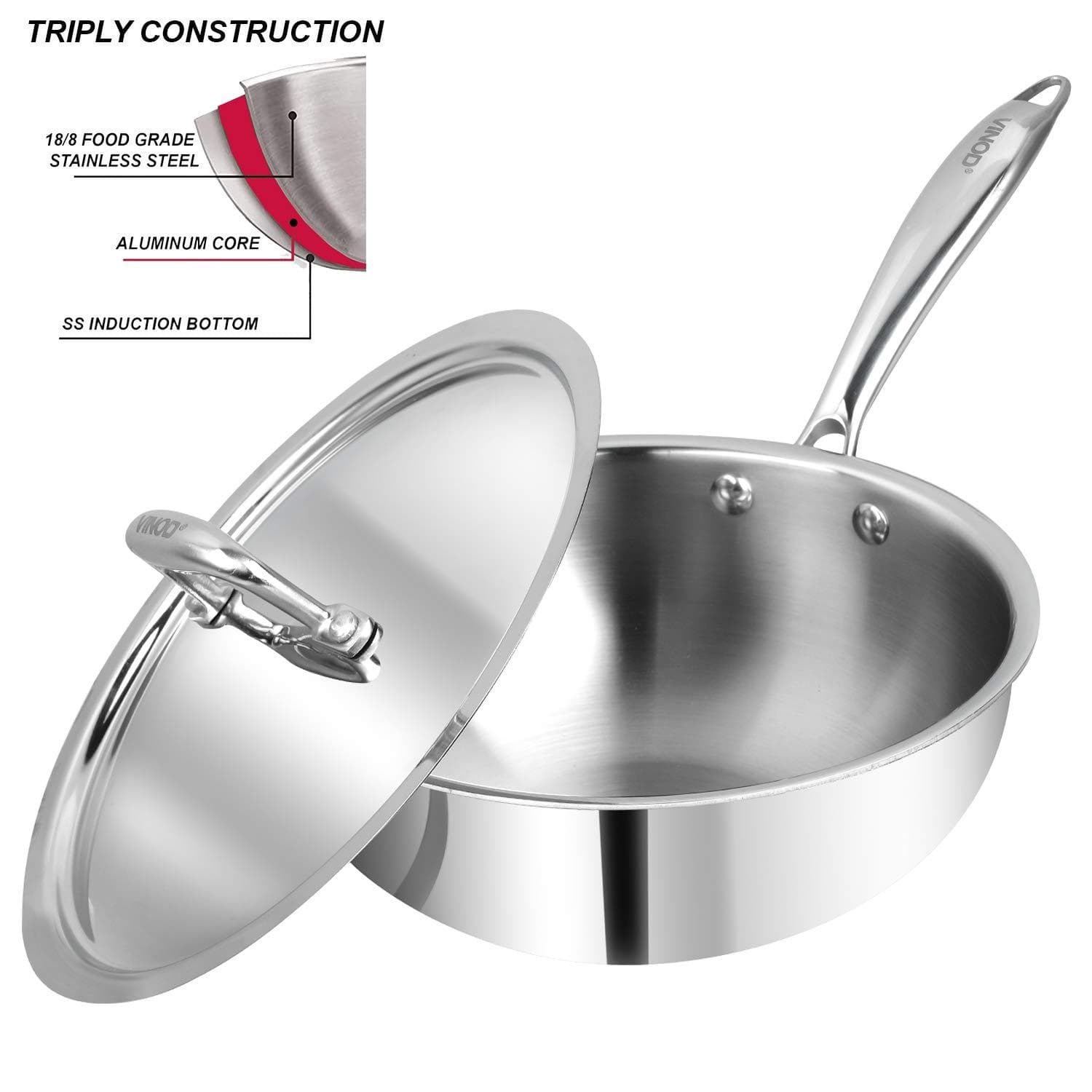 Vinod Platinum Triply Stainless Steel Deep Frypan with Lid - KITCHEN MART