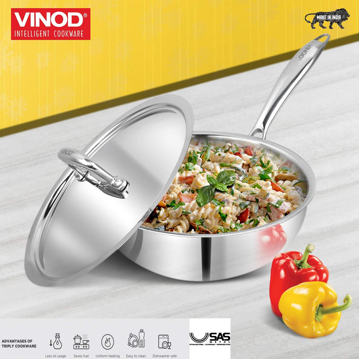 Vinod Platinum Triply Stainless Steel Deep Frypan with Lid - KITCHEN MART