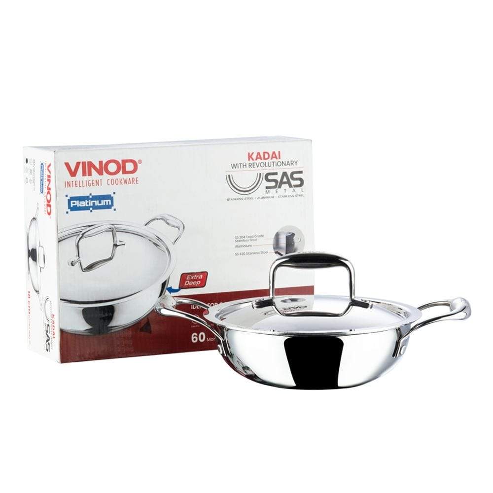 Vinod Platinum Triply Stainless Steel Extra Deep Kadai with Lid - KITCHEN MART