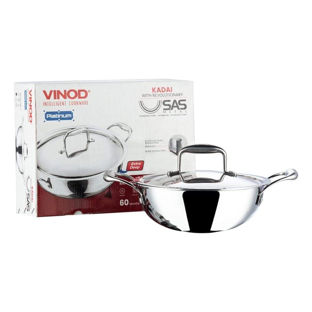 Vinod Platinum Triply Stainless Steel Extra Deep Kadai with Lid - KITCHEN MART