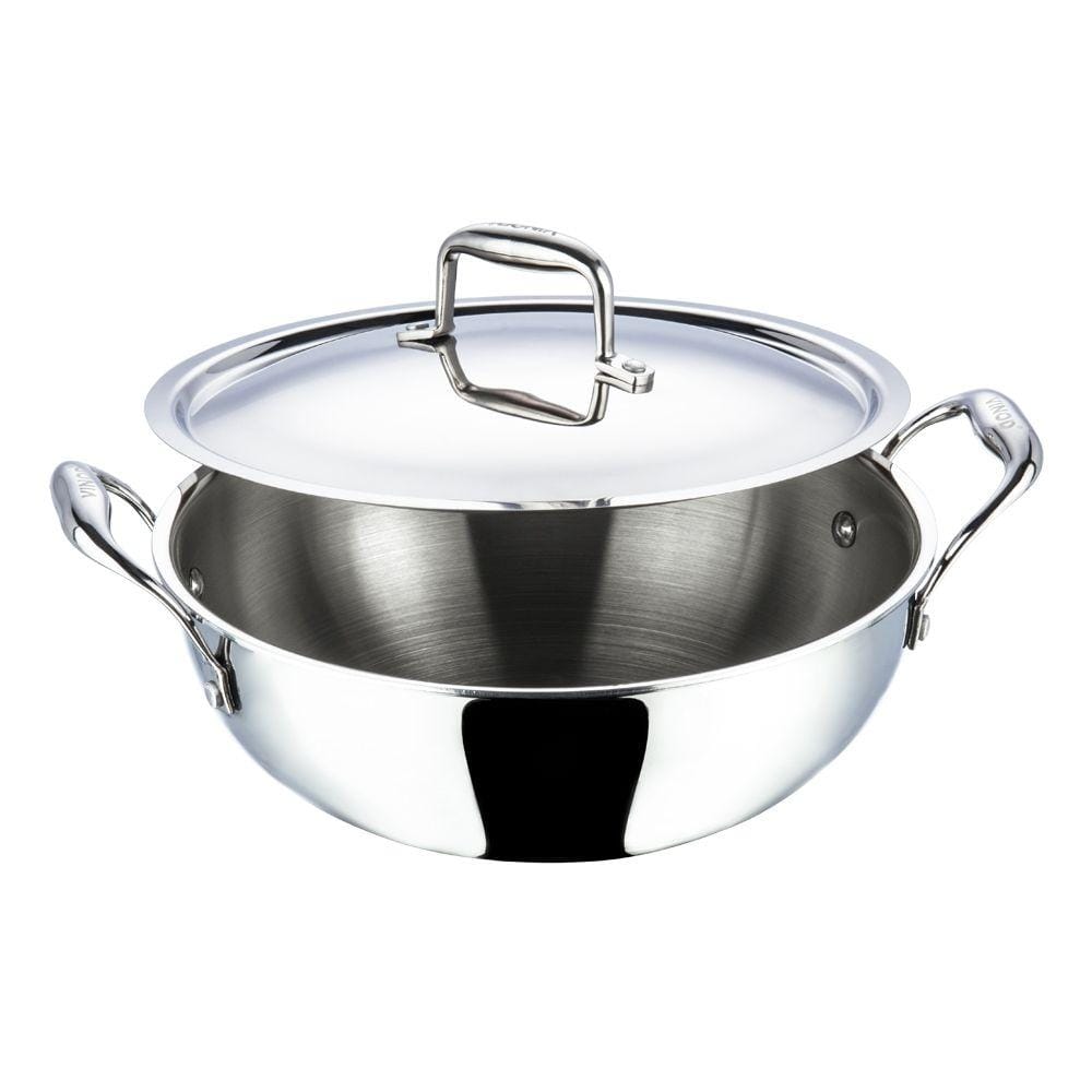 Vinod Platinum Triply Stainless Steel Extra Deep Kadai with Lid - KITCHEN MART
