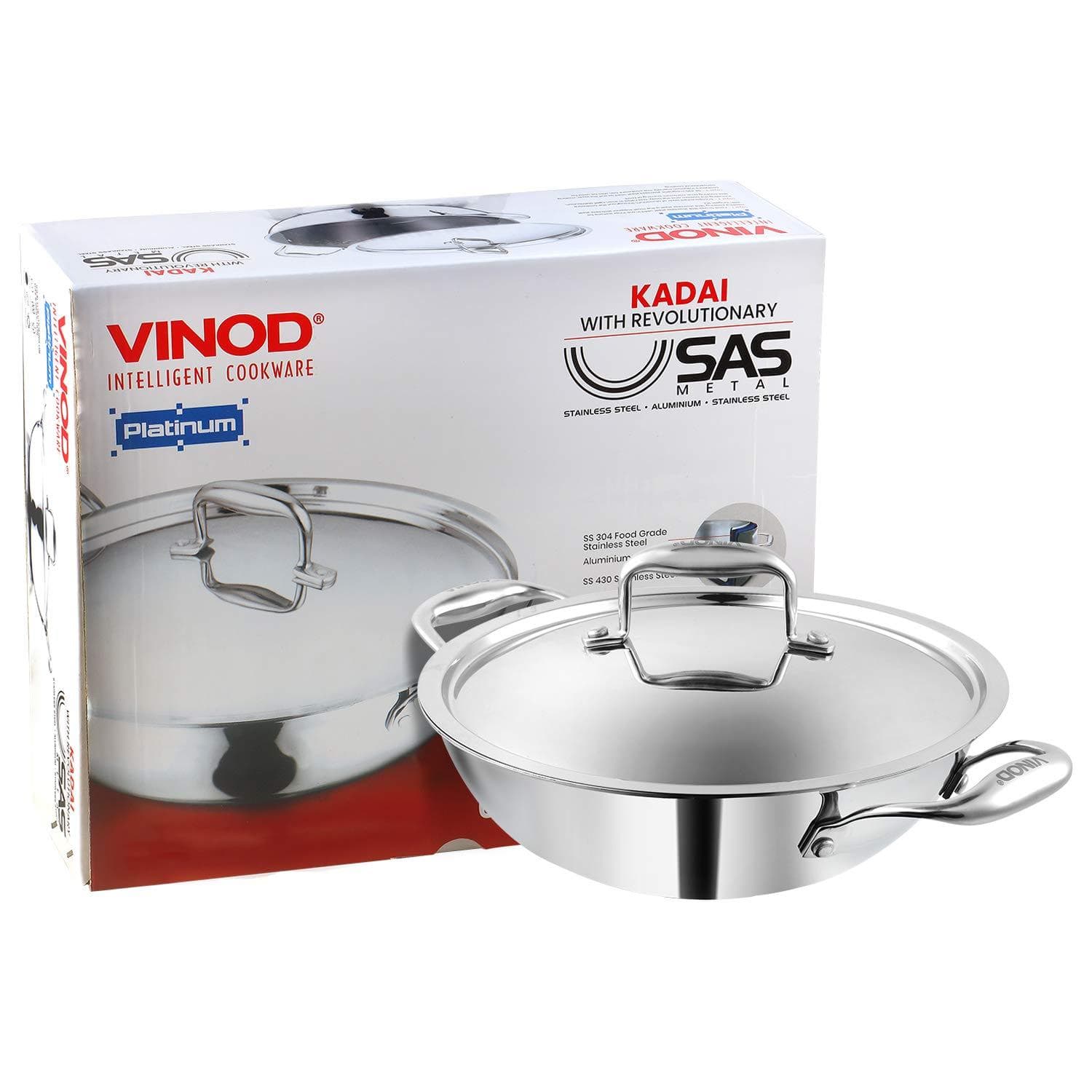 Vinod Platinum Triply Stainless Steel Kadai with Lid - KITCHEN MART