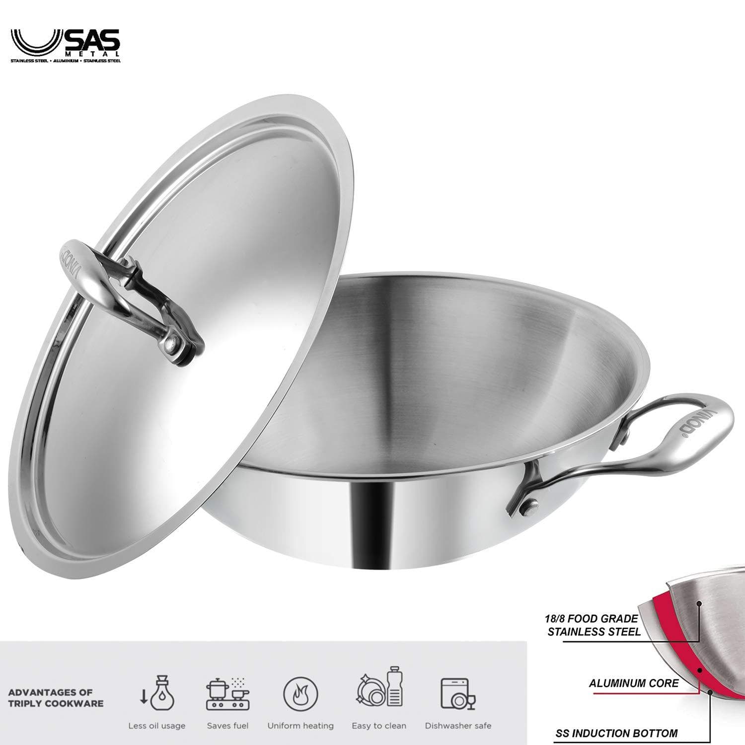 Vinod Platinum Triply Stainless Steel Kadai with Lid - KITCHEN MART