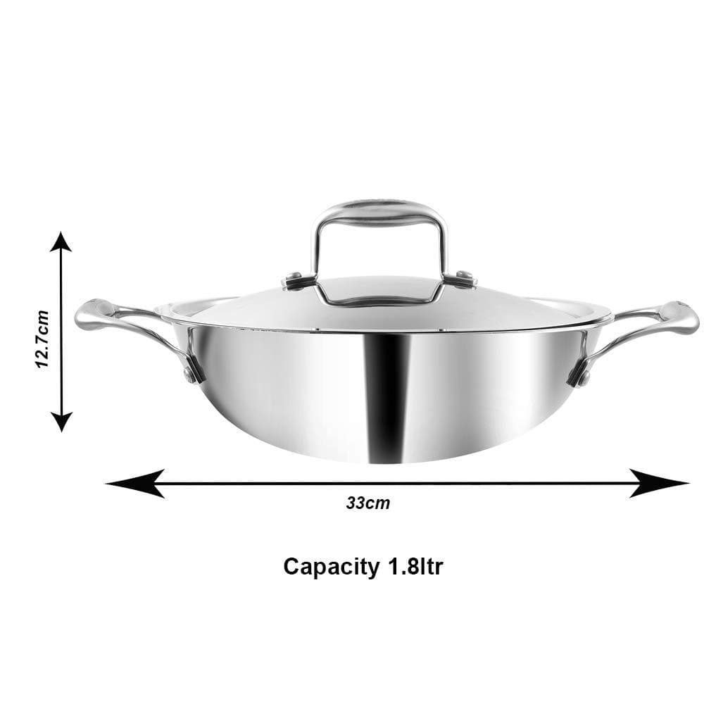 Vinod Platinum Triply Stainless Steel Kadai with Lid - KITCHEN MART