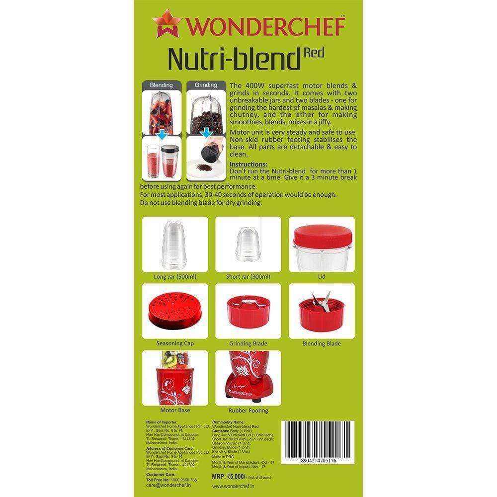 Wonderchef Nutri-Blend 400 Watts Juicer Mixer Grinder (Red) - KITCHEN MART